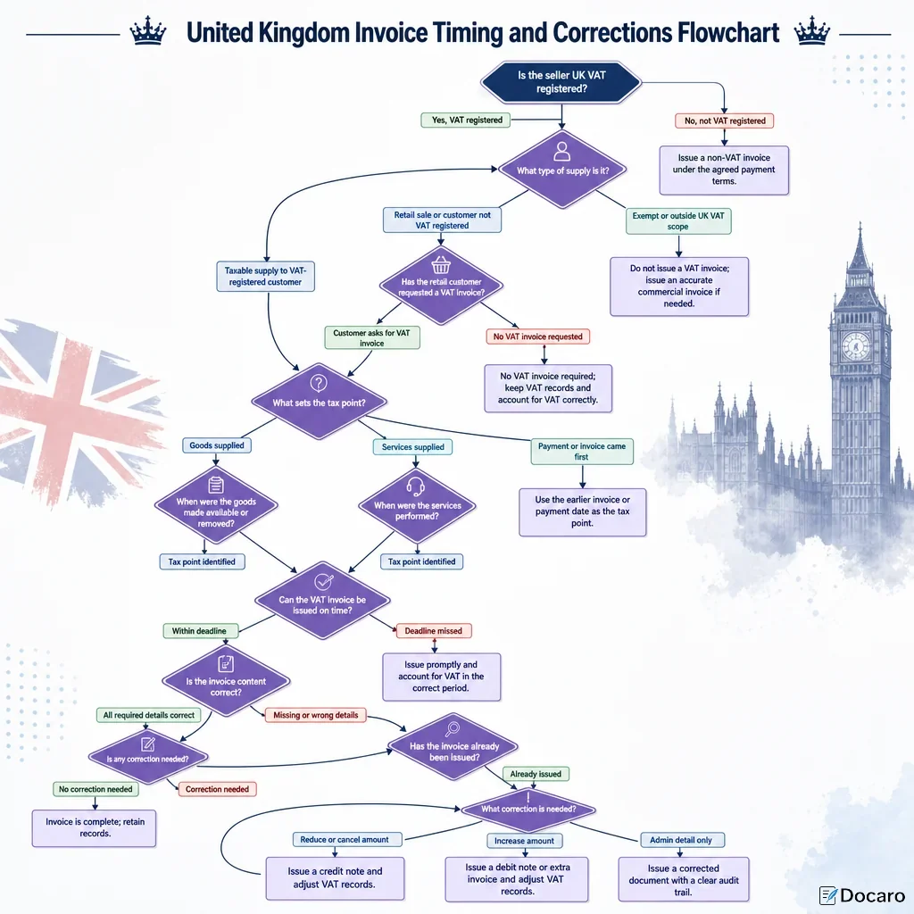 United Kingdom Invoice Timing and Corrections Flowchart