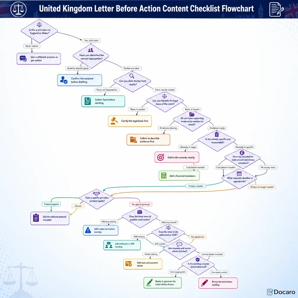 United Kingdom Letter Before Action Content Checklist Flowchart