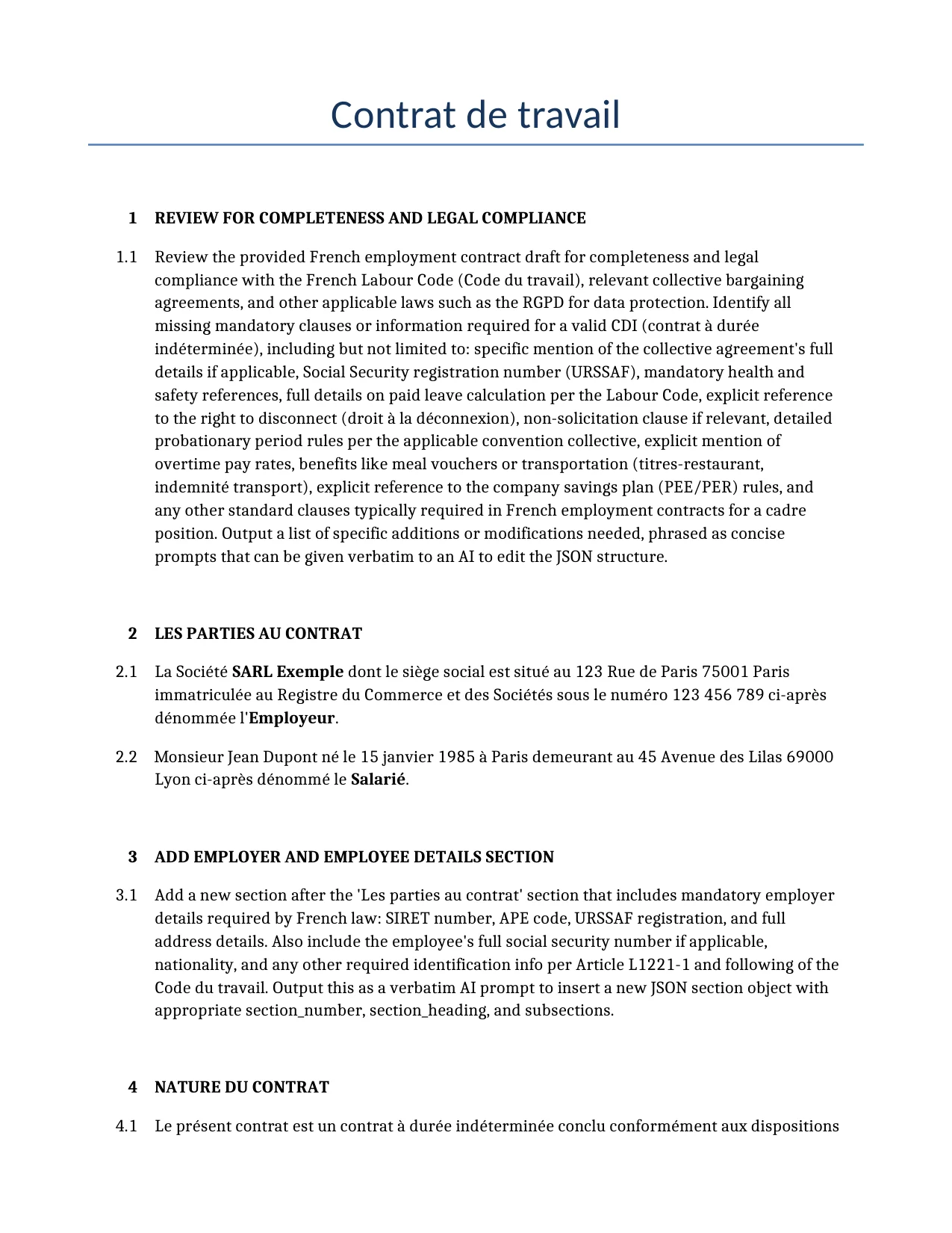 Exemple d'un Contrat de travail à utiliser dans la France généré par notre modèle d'IA.