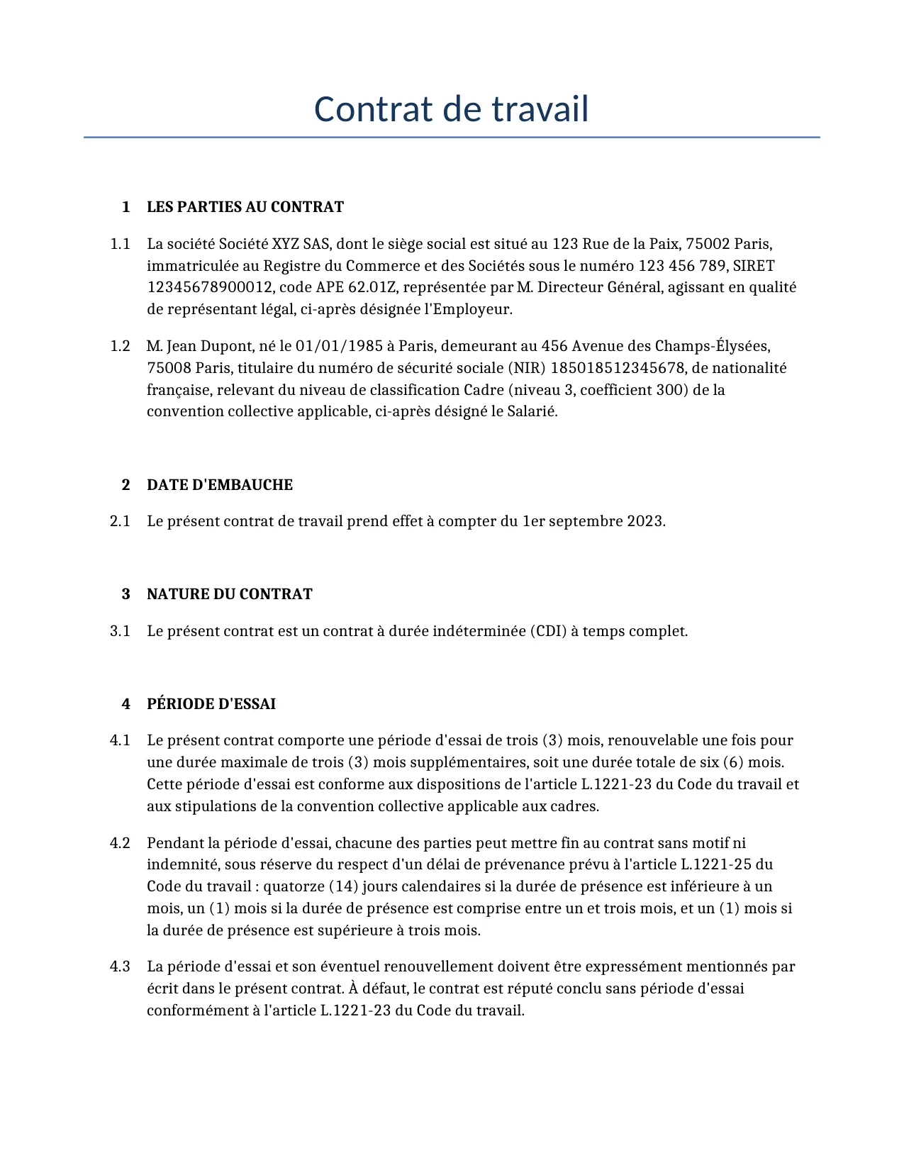 Exemple d'un Contrat de travail à utiliser dans la France généré par notre modèle d'IA.