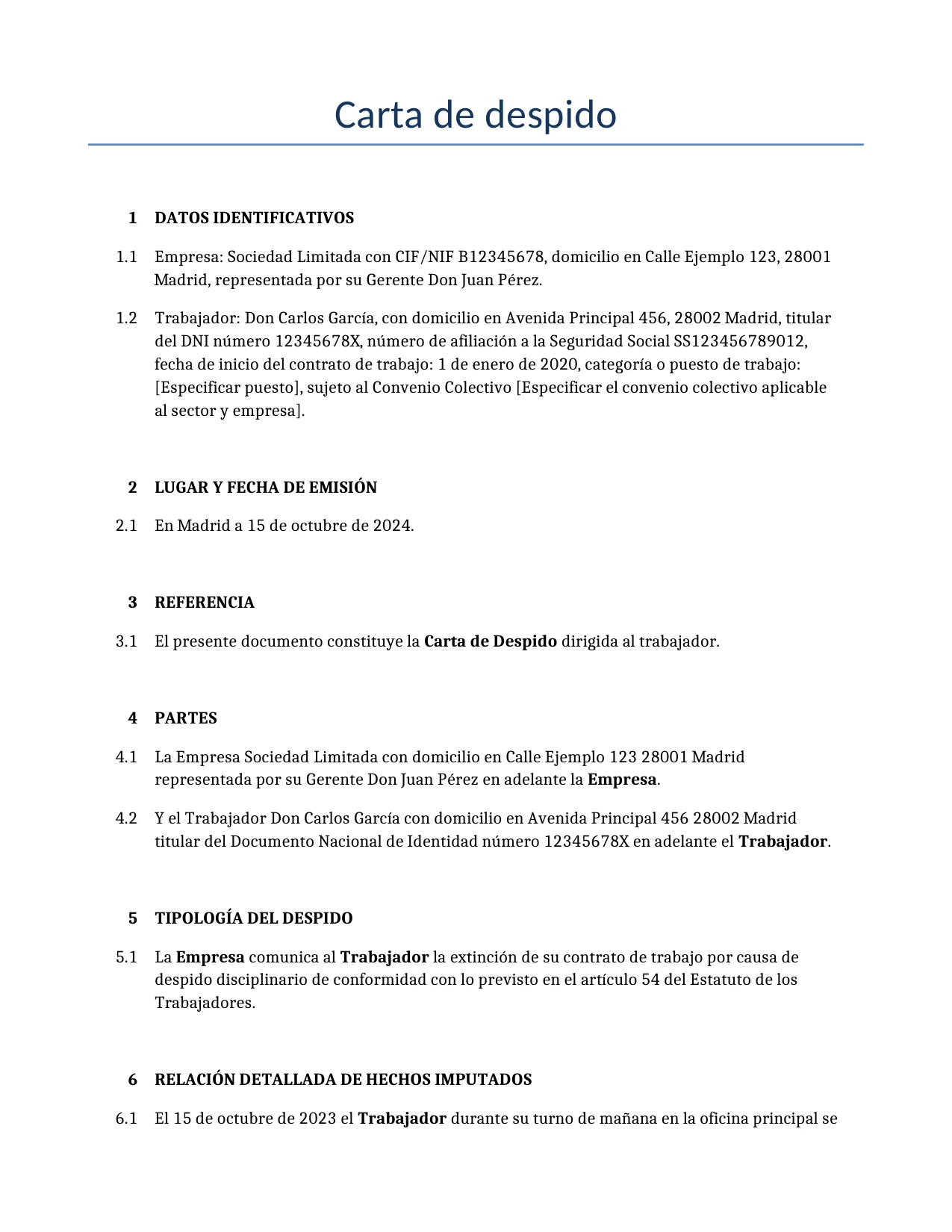 Ejemplo de un Carta de despido para usar en España generado por nuestro modelo de IA.