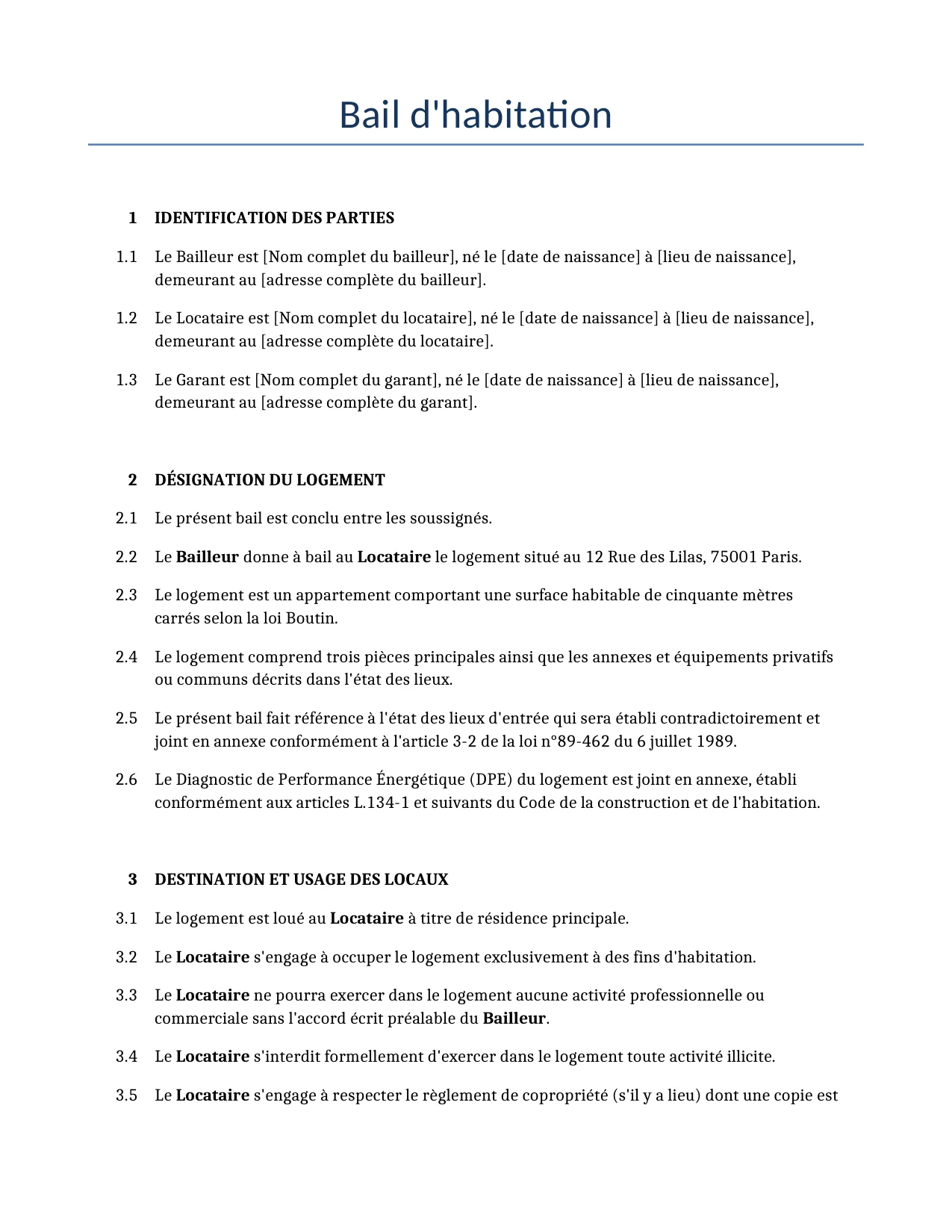 Exemple d'un Bail d'habitation à utiliser dans la France généré par notre modèle d'IA.