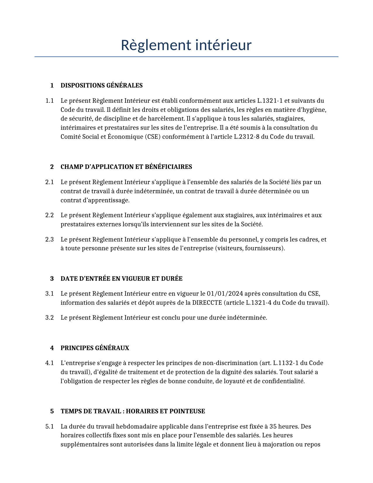 Exemple d'un Règlement intérieur à utiliser dans la France généré par notre modèle d'IA.