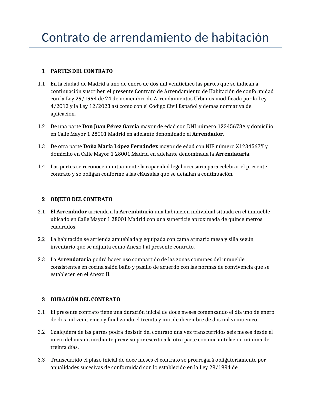 Ejemplo de un Contrato de arrendamiento de habitación para usar en España generado por nuestro modelo de IA.