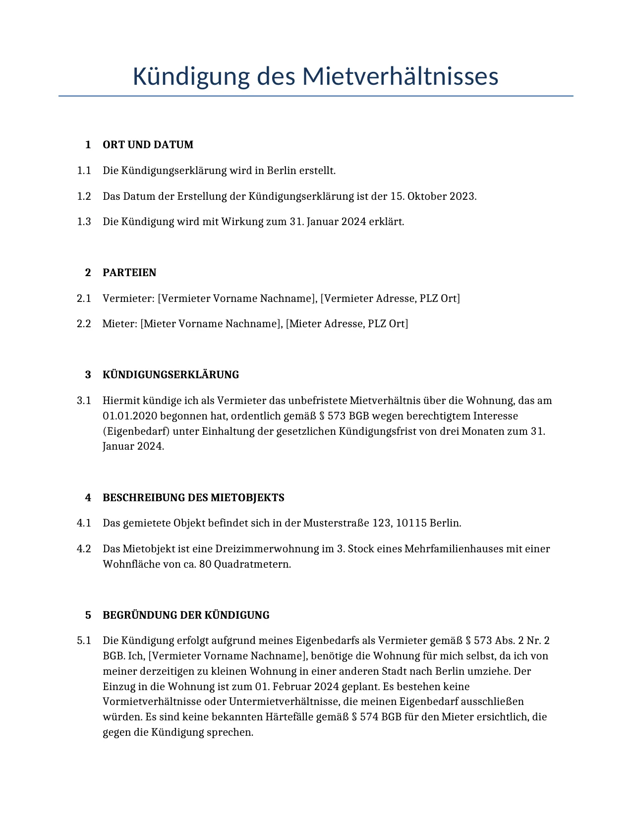 Beispiel für einen Kündigung des Mietverhältnisses zur Verwendung in Deutschland, generiert von unserem KI-Modell.