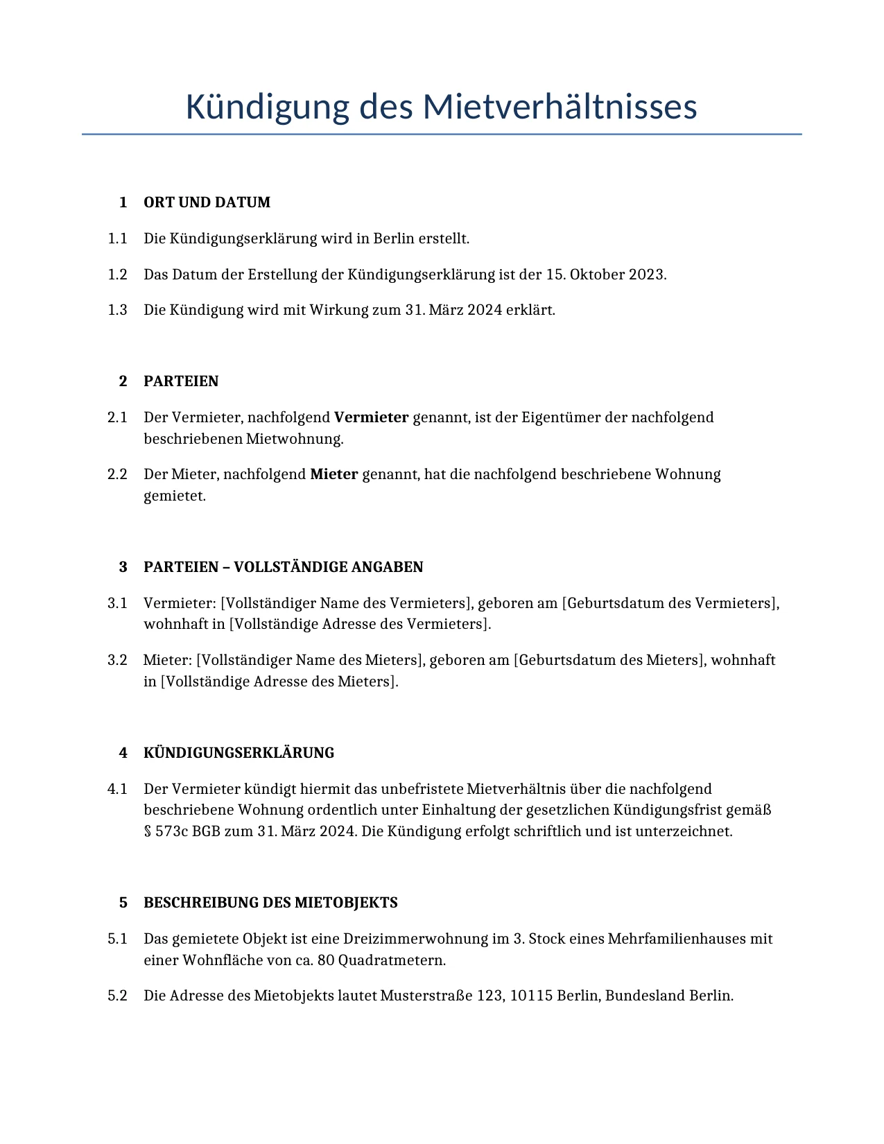 Beispiel für einen Kündigung des Mietverhältnisses zur Verwendung in Deutschland, generiert von unserem KI-Modell.