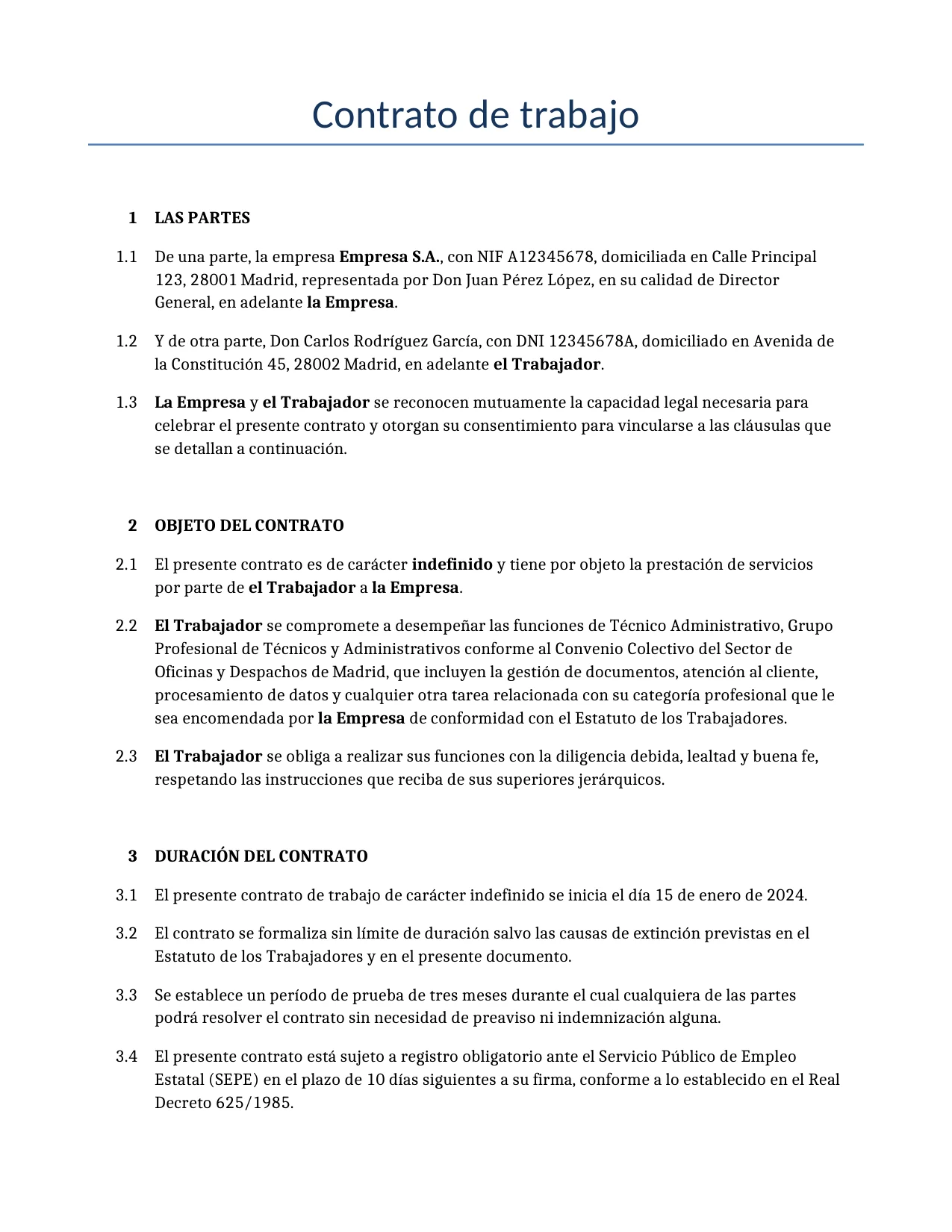 Ejemplo de un Contrato de trabajo para usar en España generado por nuestro modelo de IA.