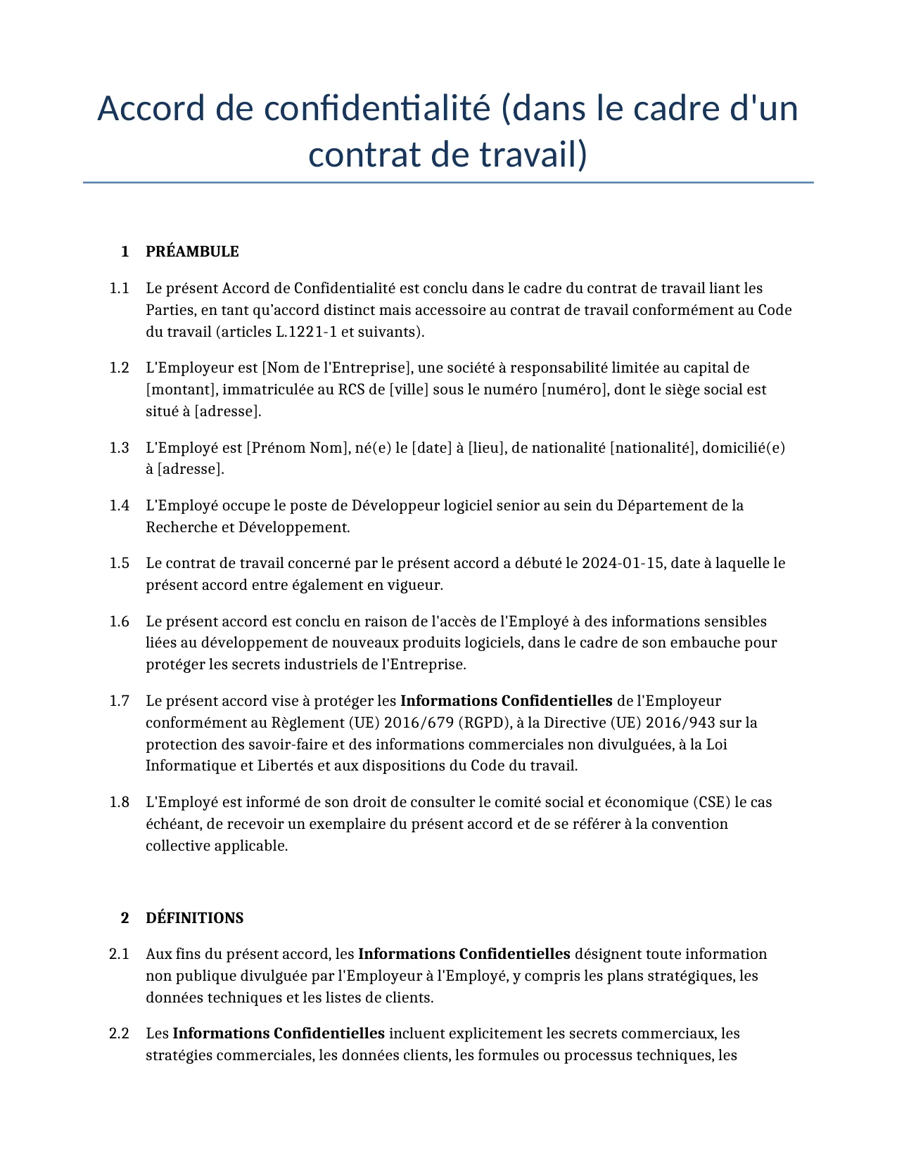 Exemple d'un Accord de confidentialité (dans le cadre d'un contrat de travail) à utiliser dans la France généré par notre modèle d'IA.
