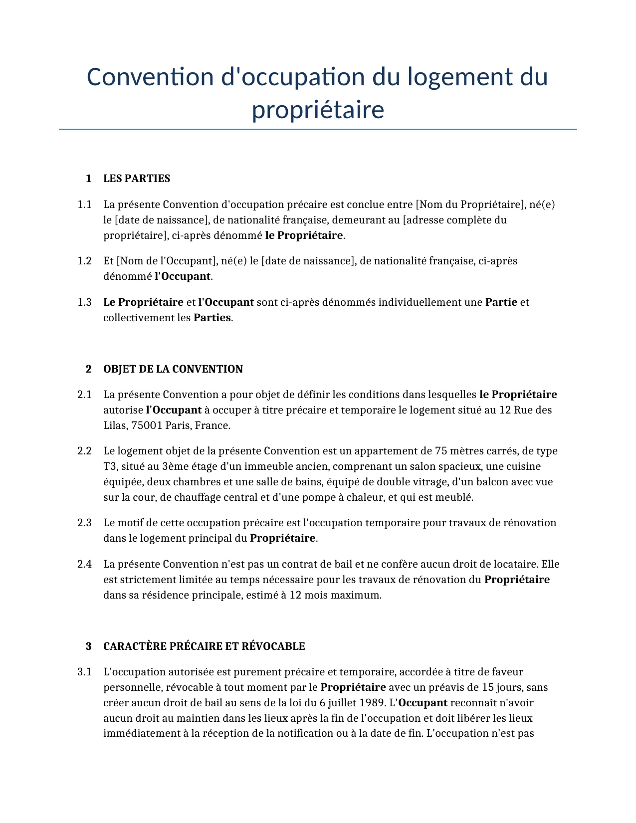 Exemple d'un Convention d'occupation du logement du propriétaire à utiliser dans la France généré par notre modèle d'IA.