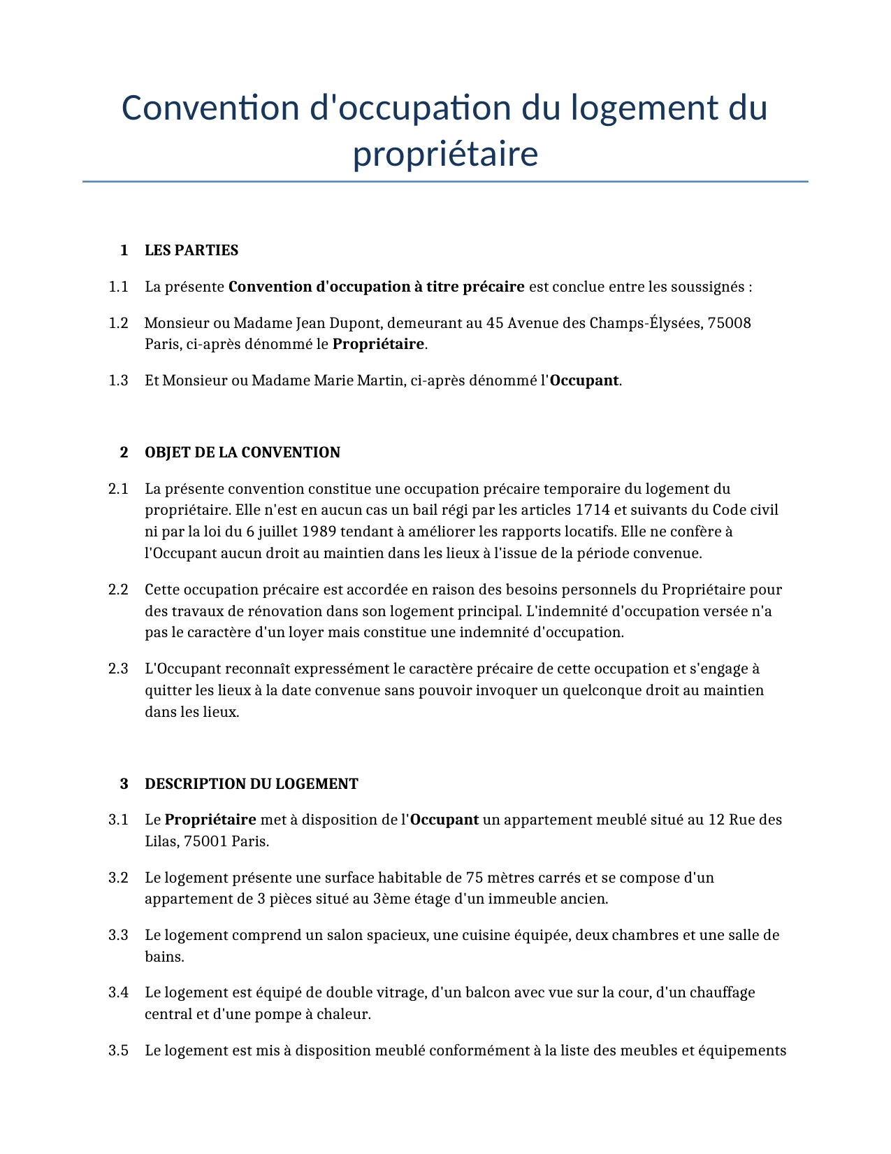 Exemple d'un Convention d'occupation du logement du propriétaire à utiliser dans la France généré par notre modèle d'IA.
