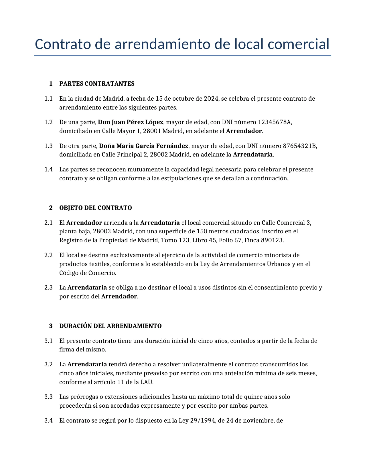 Ejemplo de un Contrato de arrendamiento de local comercial para usar en España generado por nuestro modelo de IA.