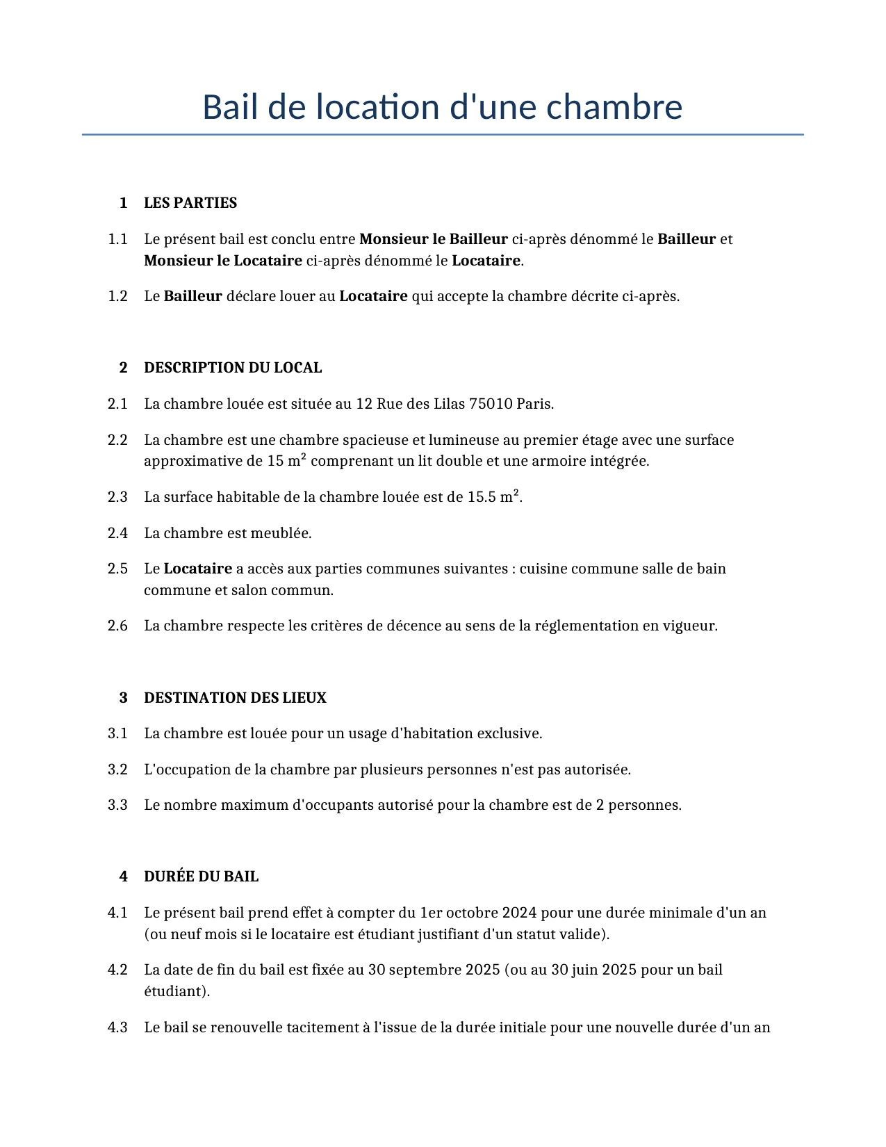 Exemple d'un Bail de location d'une chambre à utiliser dans la France généré par notre modèle d'IA.