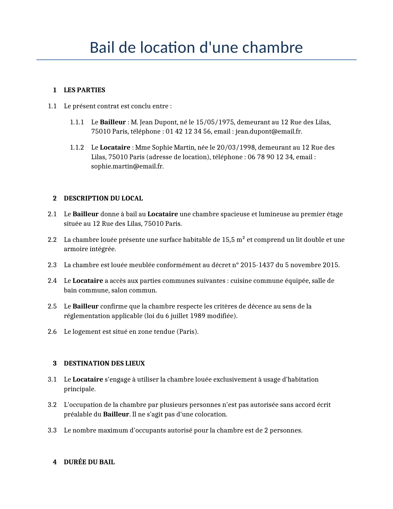 Exemple d'un Bail de location d'une chambre à utiliser dans la France généré par notre modèle d'IA.