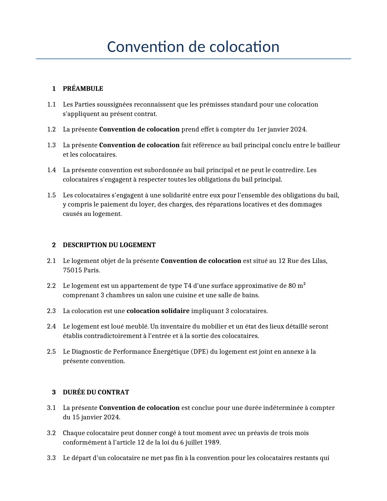 Exemple d'un Convention de colocation à utiliser dans la France généré par notre modèle d'IA.