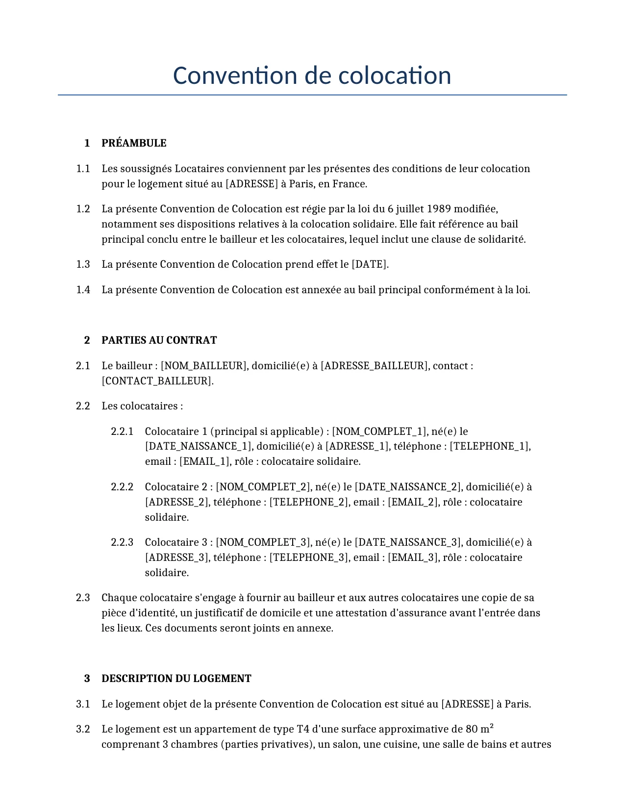 Exemple d'un Convention de colocation à utiliser dans la France généré par notre modèle d'IA.