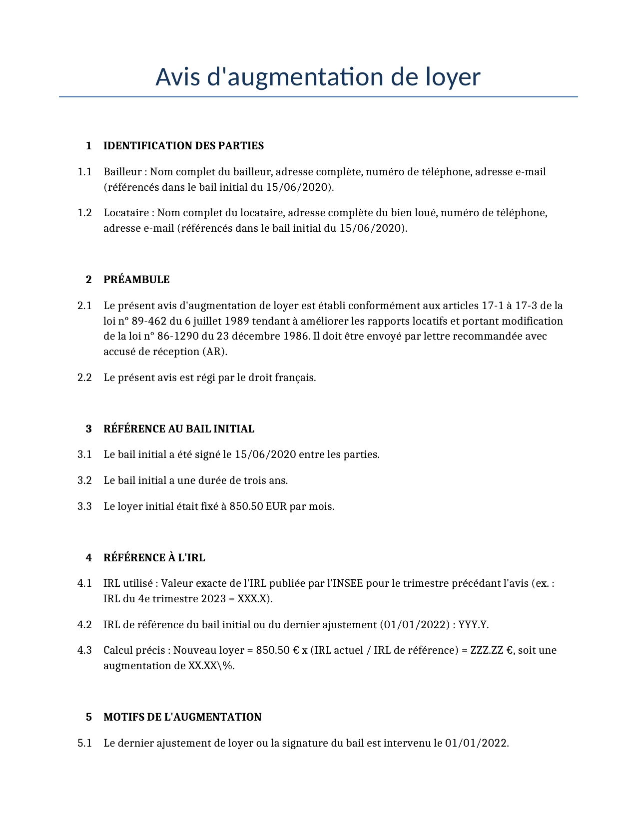 Exemple d'un Avis d'augmentation de loyer à utiliser dans la France généré par notre modèle d'IA.