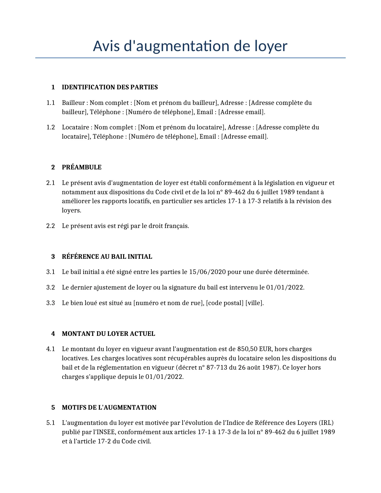 Exemple d'un Avis d'augmentation de loyer à utiliser dans la France généré par notre modèle d'IA.