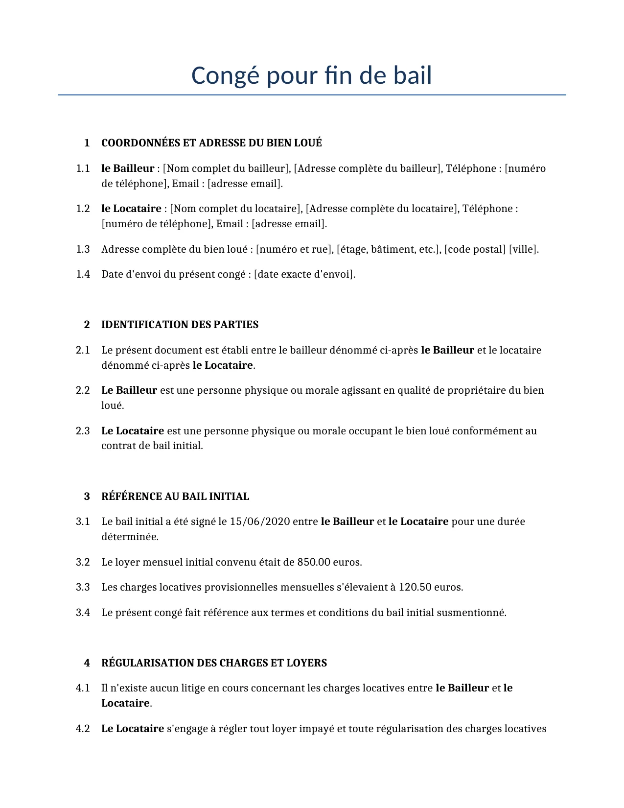 Exemple d'un Congé pour fin de bail à utiliser dans la France généré par notre modèle d'IA.