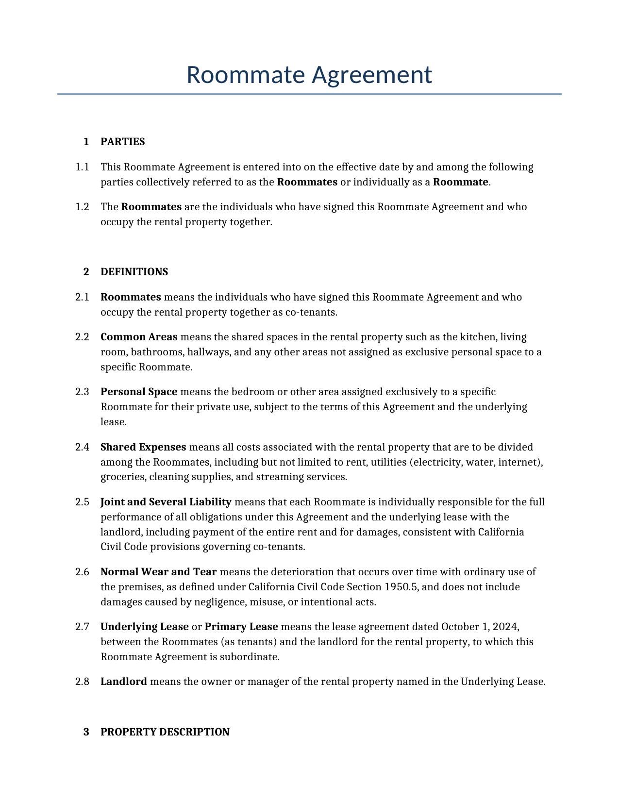 Example of a Roommate Agreement for use in the United States</b> generated by our AI model. 