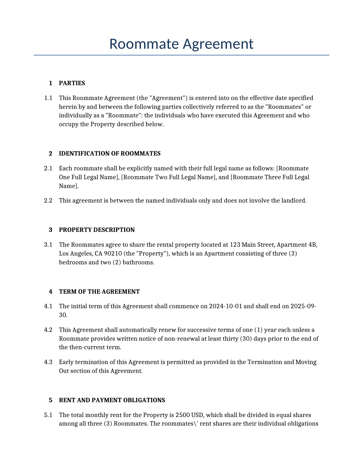 Example of a Roommate Agreement for use in the United States</b> generated by our AI model. 