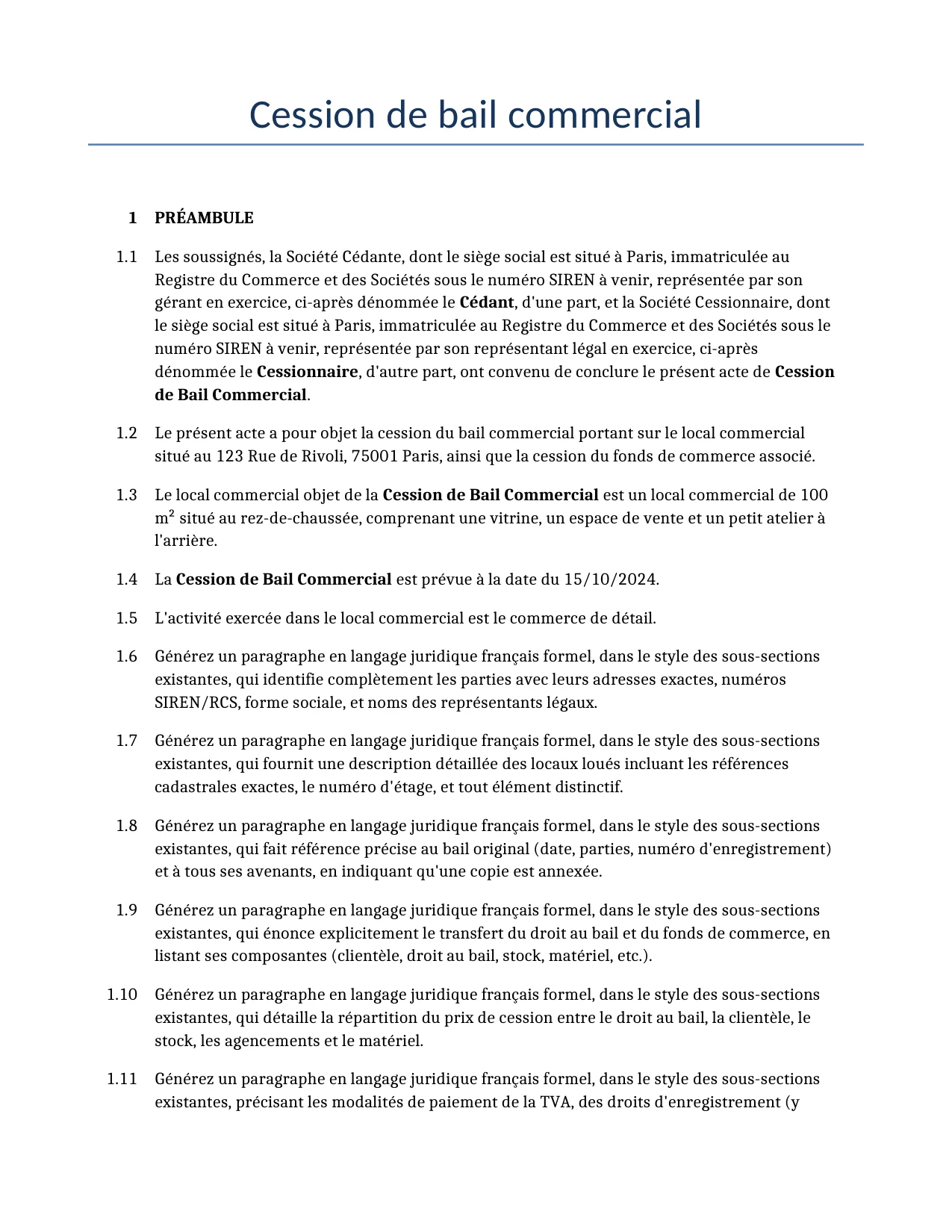 Exemple d'un Cession de bail commercial à utiliser dans la France généré par notre modèle d'IA.