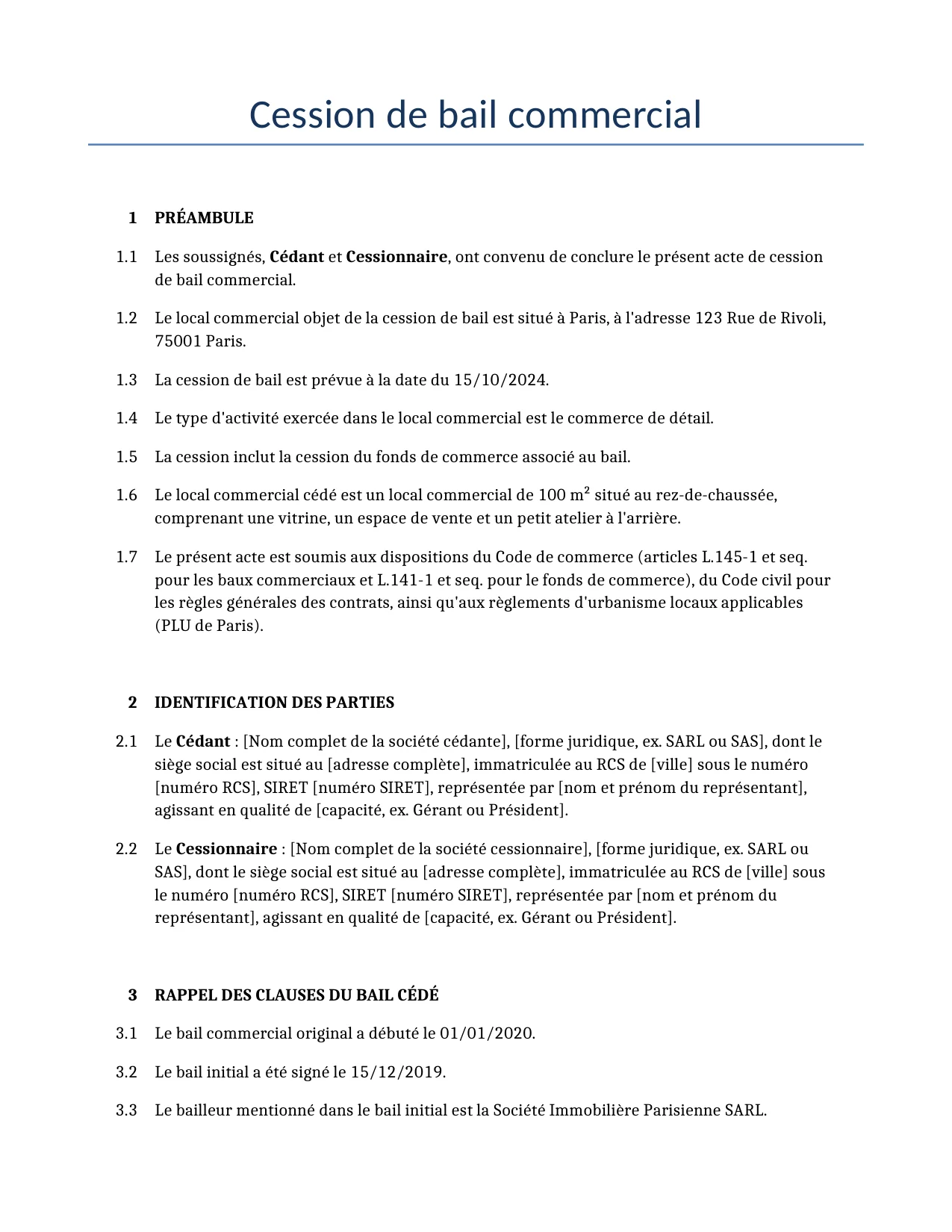 Exemple d'un Cession de bail commercial à utiliser dans la France généré par notre modèle d'IA.