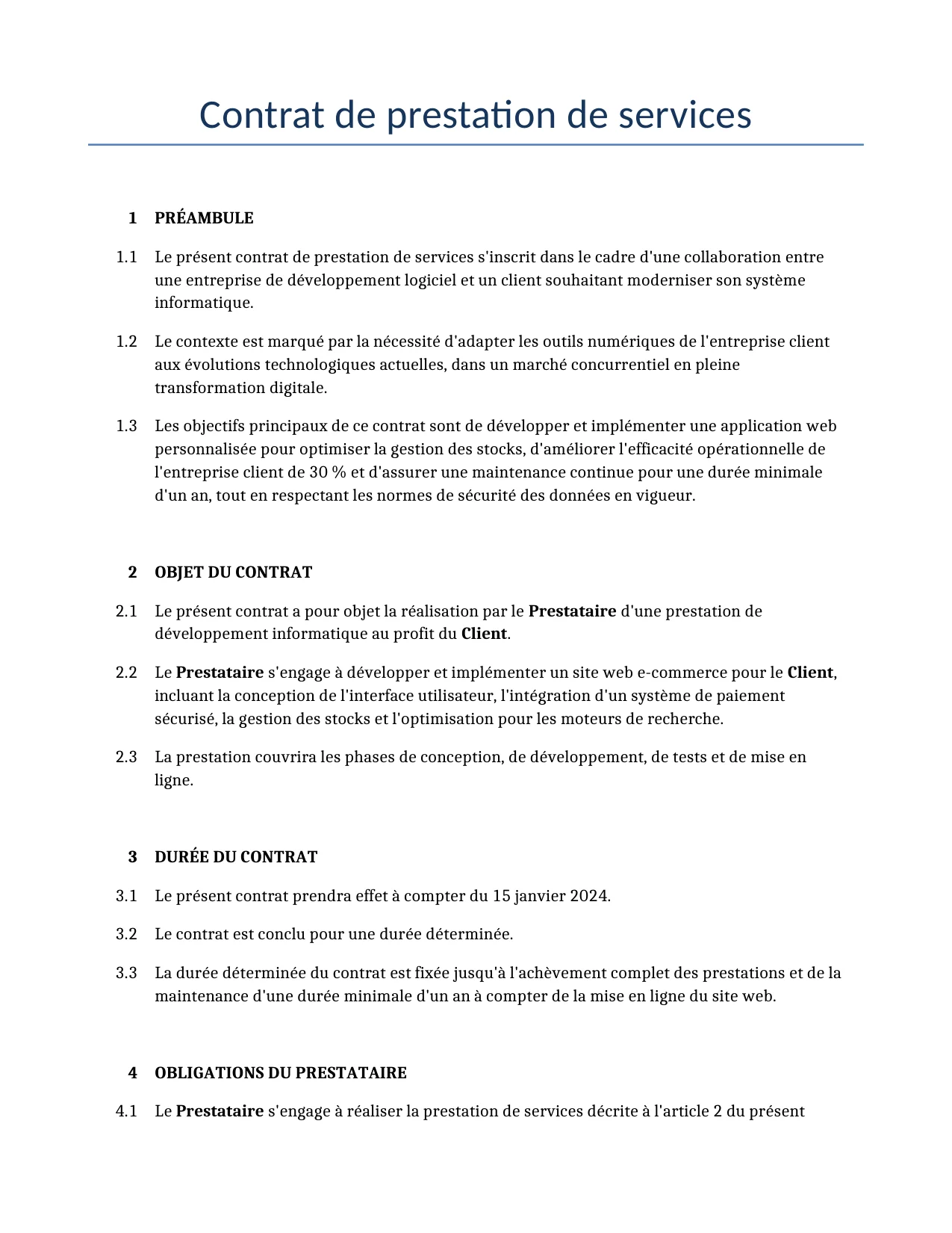 Exemple d'un Contrat de prestation de services à utiliser dans la France généré par notre modèle d'IA.