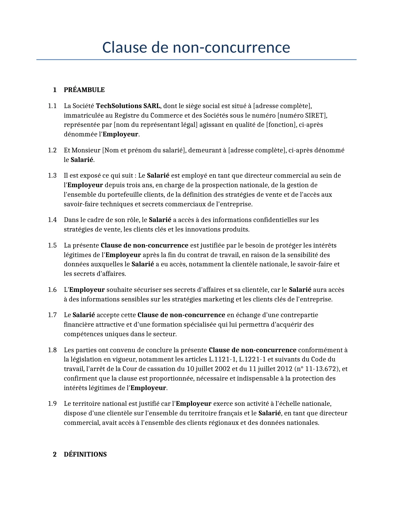 Exemple d'un Clause de non-concurrence à utiliser dans la France généré par notre modèle d'IA.