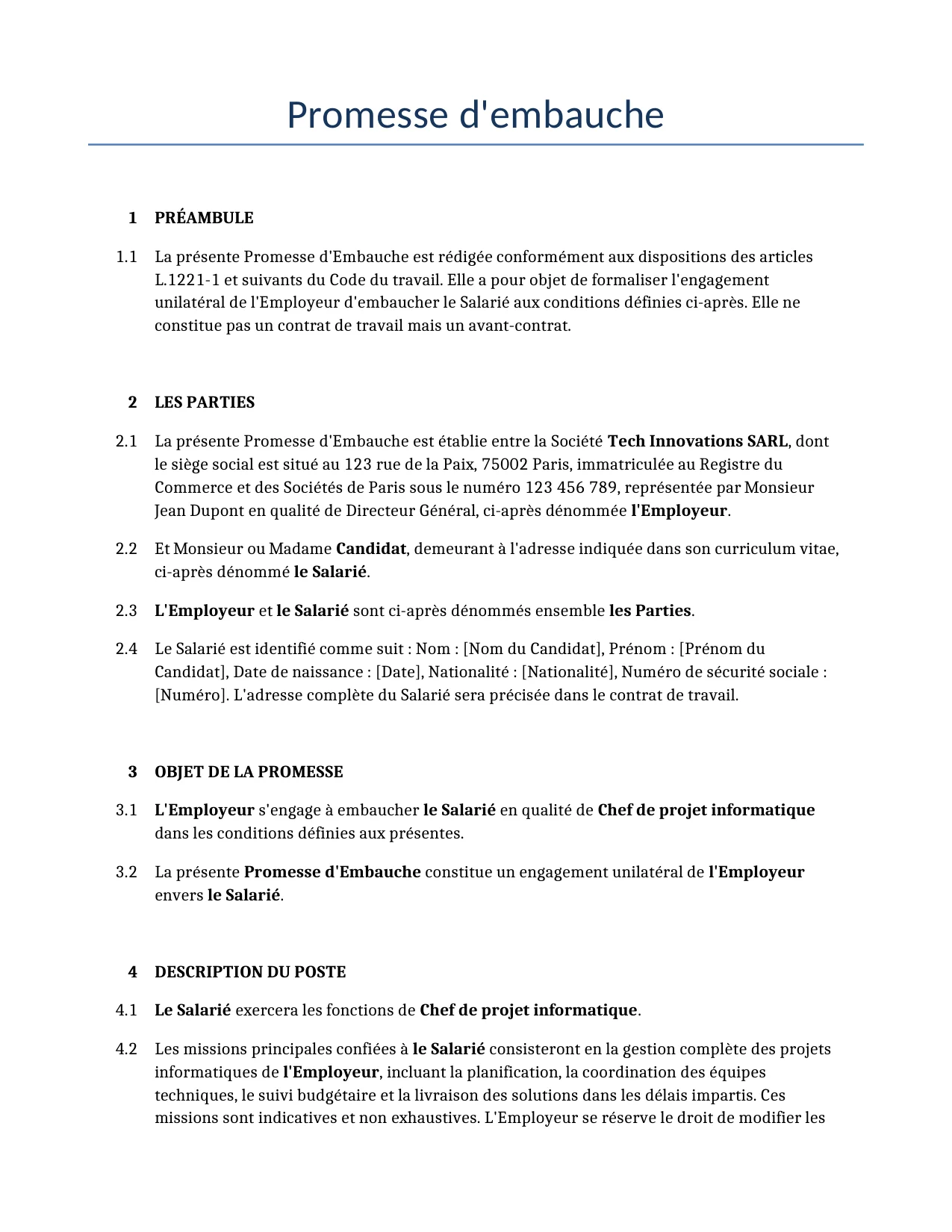Exemple d'un Promesse d'embauche à utiliser dans la France généré par notre modèle d'IA.