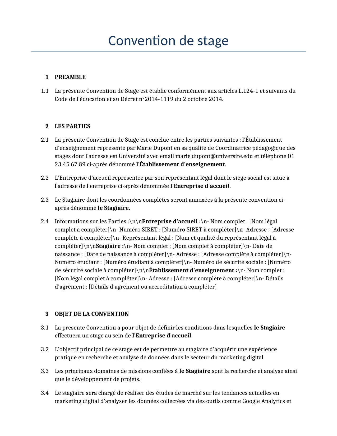 Exemple d'un Convention de stage à utiliser dans la France généré par notre modèle d'IA.