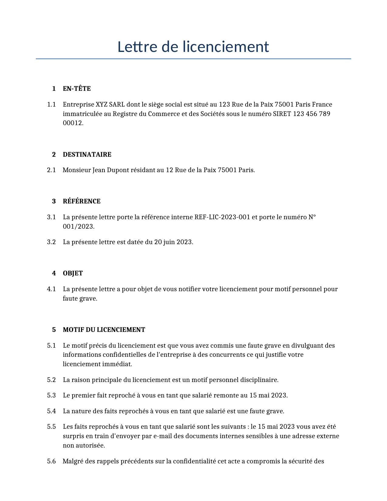Exemple d'un Lettre de licenciement à utiliser dans la France généré par notre modèle d'IA.