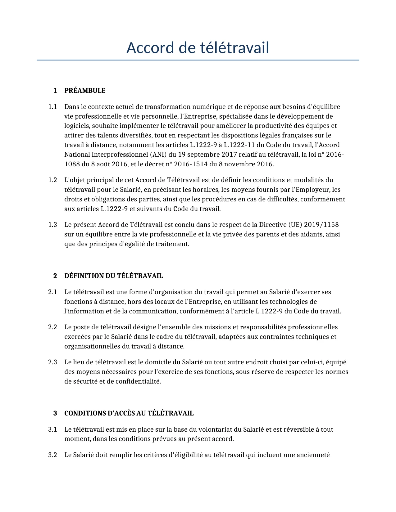 Exemple d'un Accord de télétravail à utiliser dans la France généré par notre modèle d'IA.
