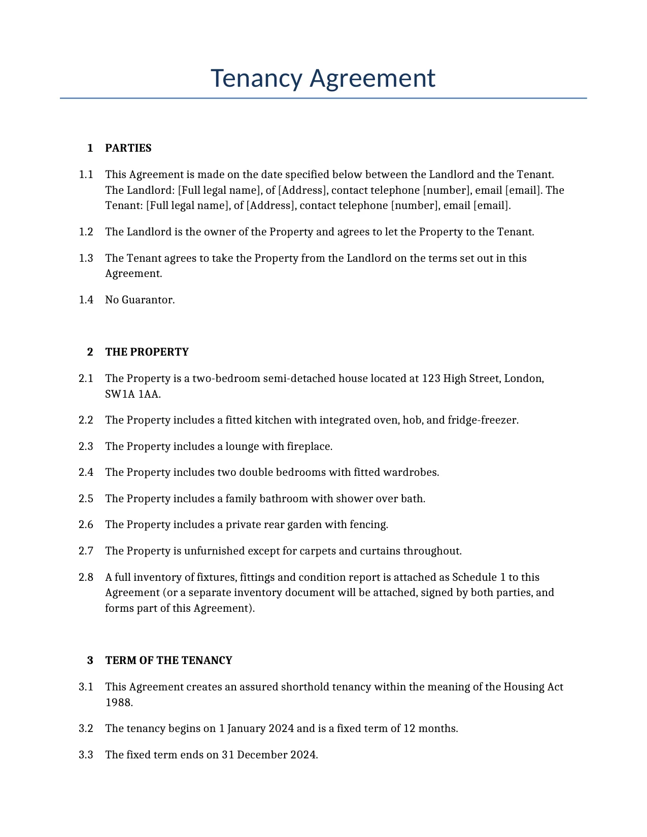 Example of a Tenancy Agreement for use in the United Kingdom</b> generated by our AI model. 
