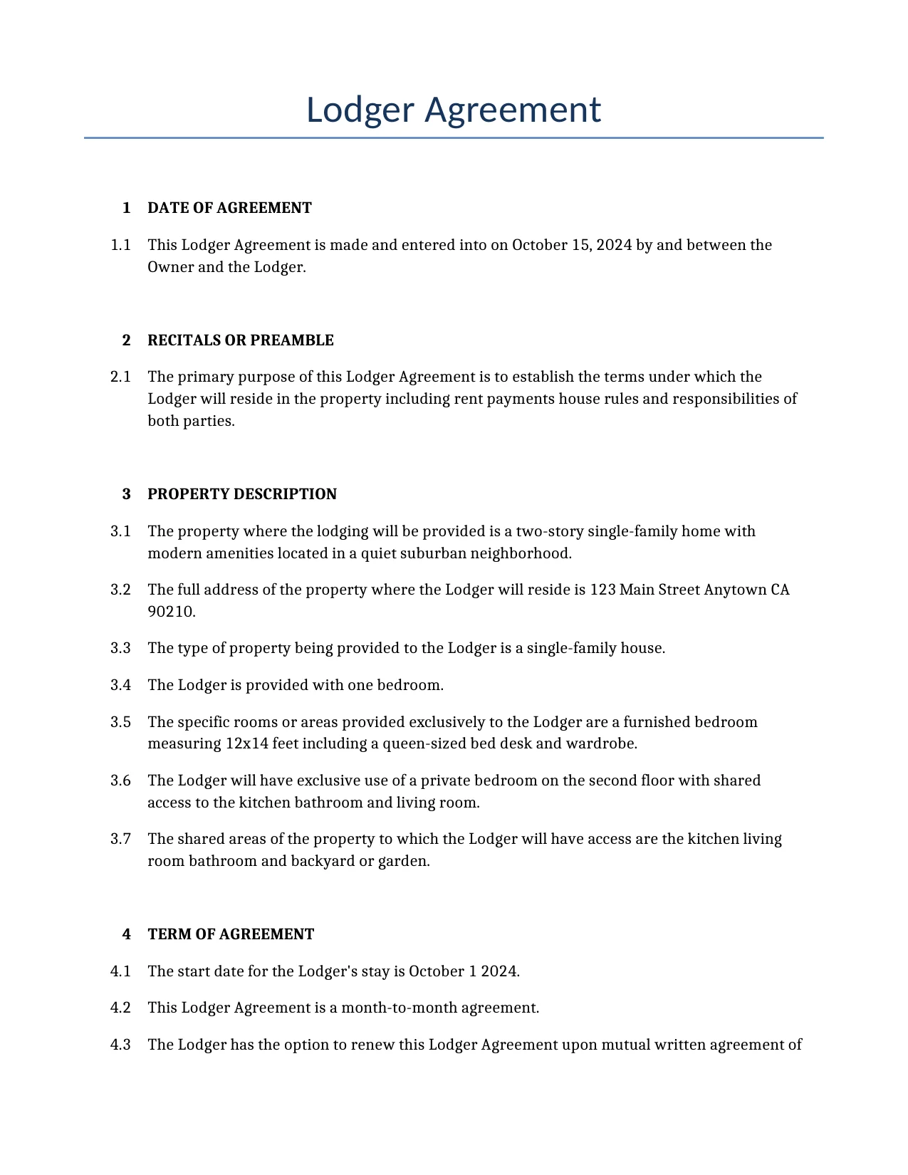 Example of a Lodger Agreement for use in the United States</b> generated by our AI model. 
