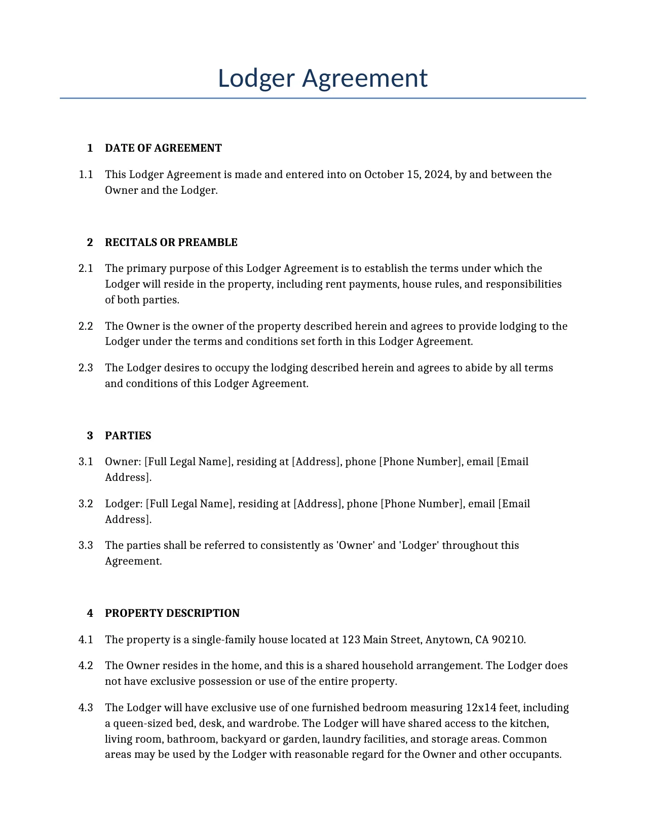 Example of a Lodger Agreement for use in the United States</b> generated by our AI model. 