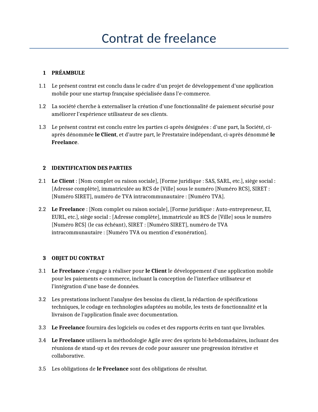 Exemple d'un Contrat de freelance à utiliser dans la France généré par notre modèle d'IA.
