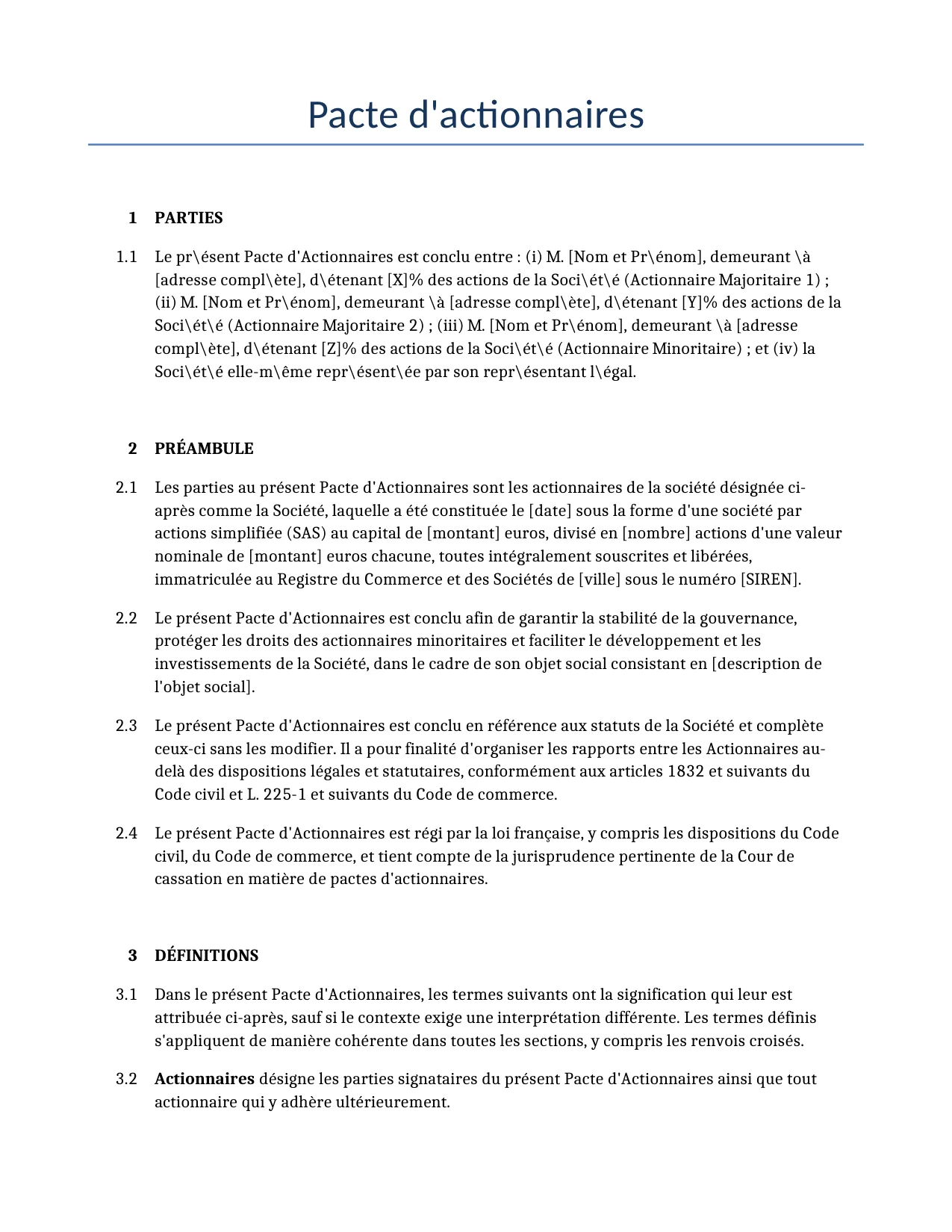 Exemple d'un Pacte d'actionnaires à utiliser dans la France généré par notre modèle d'IA.