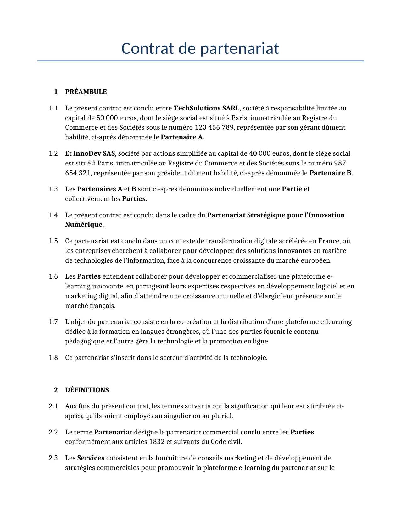 Exemple d'un Contrat de partenariat à utiliser dans la France généré par notre modèle d'IA.