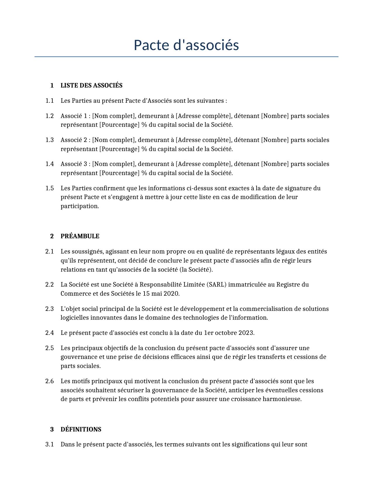 Exemple d'un Pacte d'associés à utiliser dans la France généré par notre modèle d'IA.