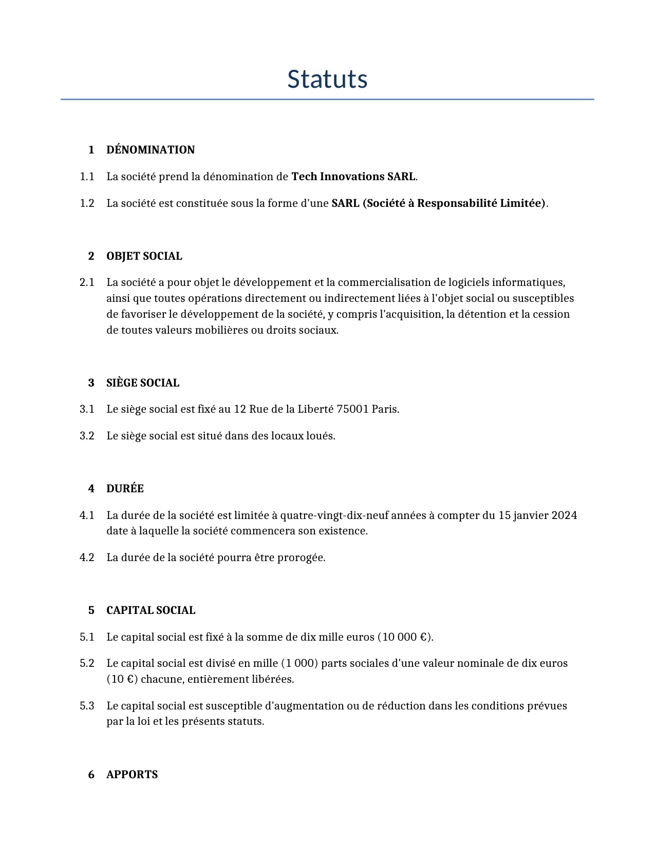 Exemple d'un Statuts à utiliser dans la France généré par notre modèle d'IA.