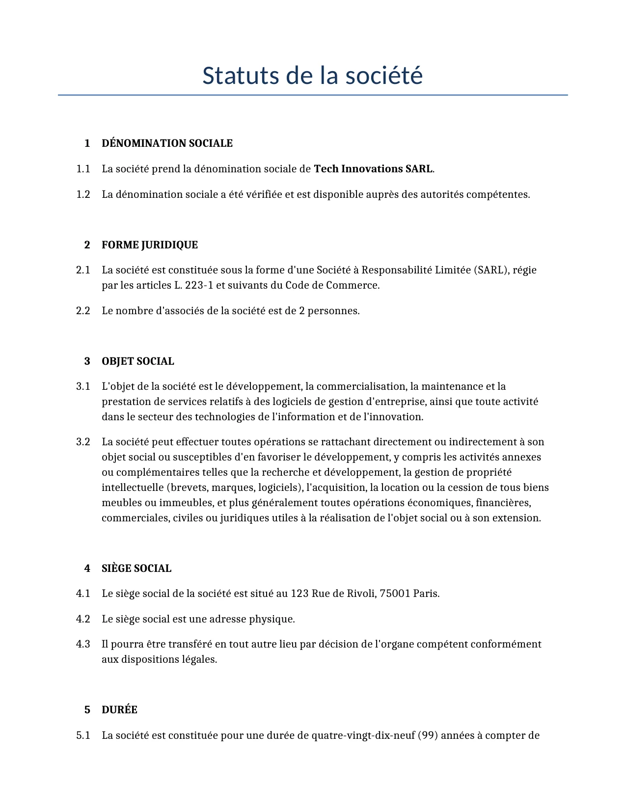 Exemple d'un Statuts de la société à utiliser dans la France généré par notre modèle d'IA.