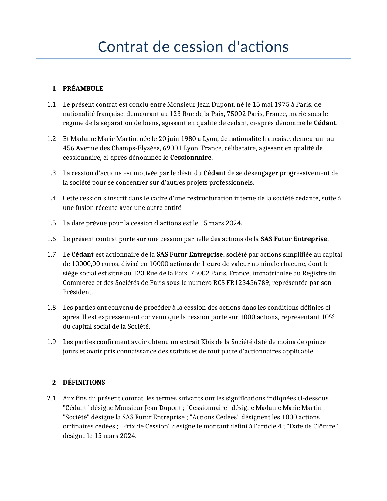 Exemple d'un Contrat de cession d'actions à utiliser dans la France généré par notre modèle d'IA.
