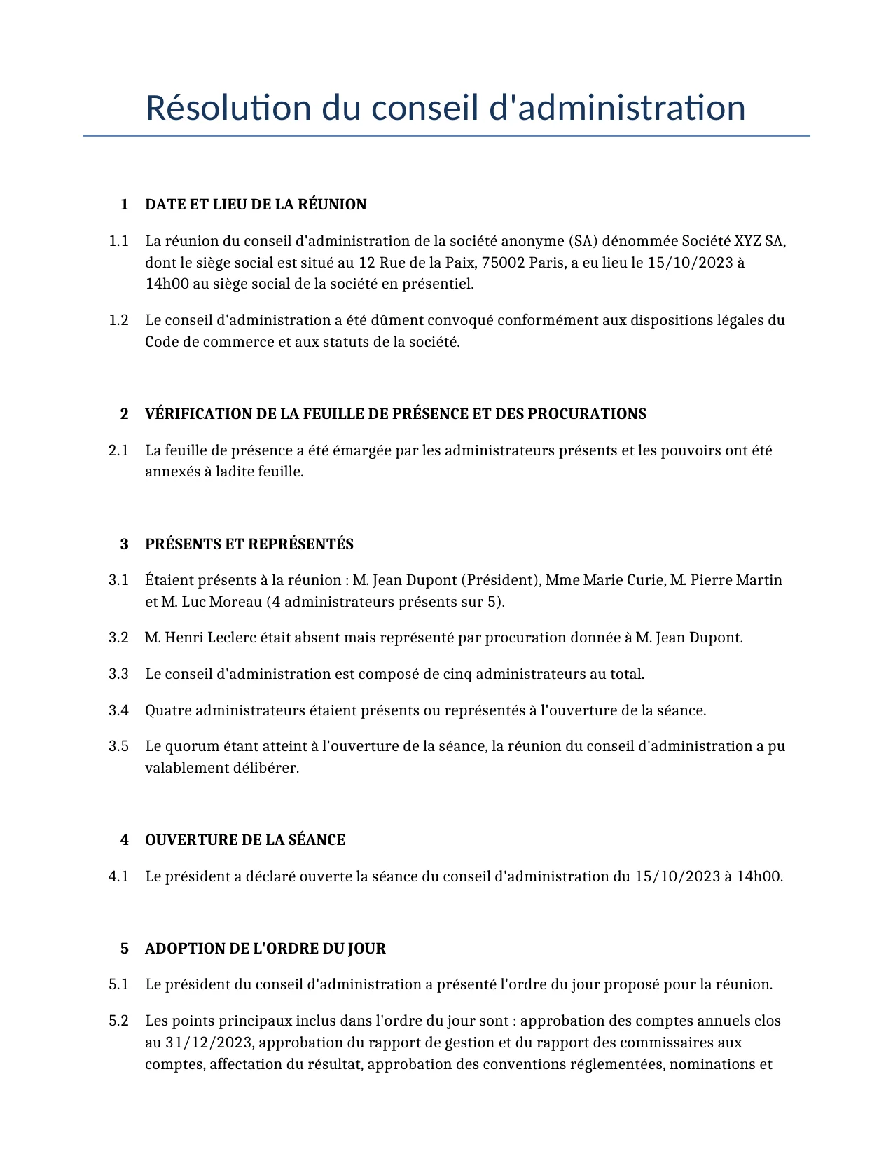 Exemple d'un Résolution du conseil d'administration à utiliser dans la France généré par notre modèle d'IA.