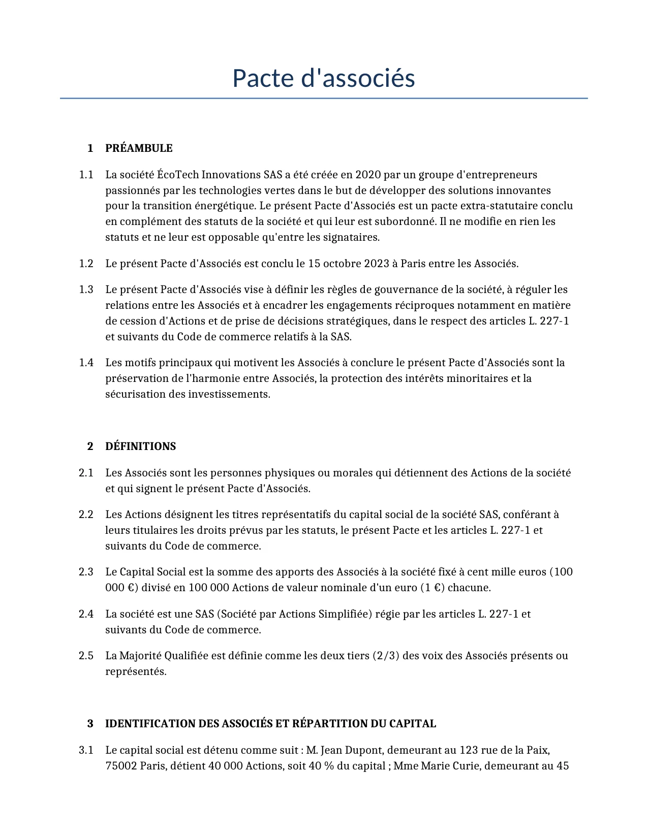 Exemple d'un Pacte d'associés à utiliser dans la France généré par notre modèle d'IA.
