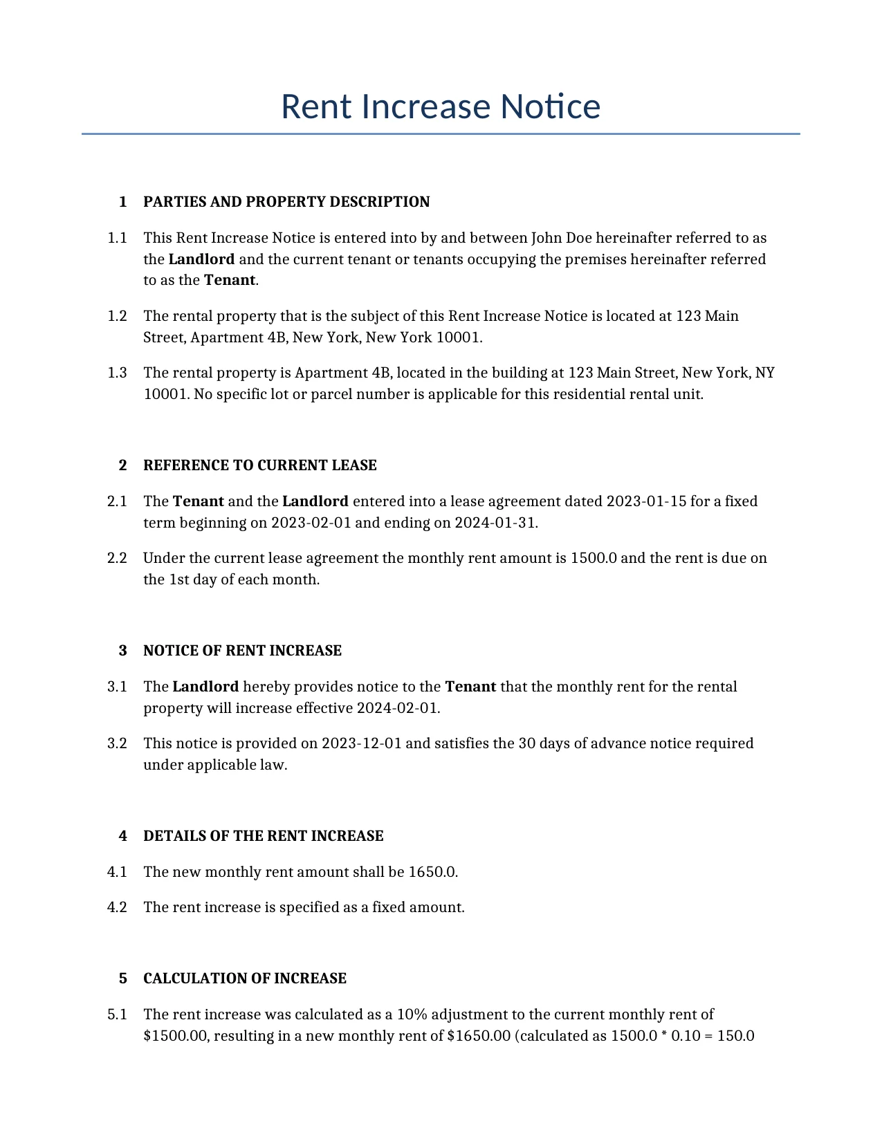 Example of a Rent Increase Notice for use in the United States</b> generated by our AI model.