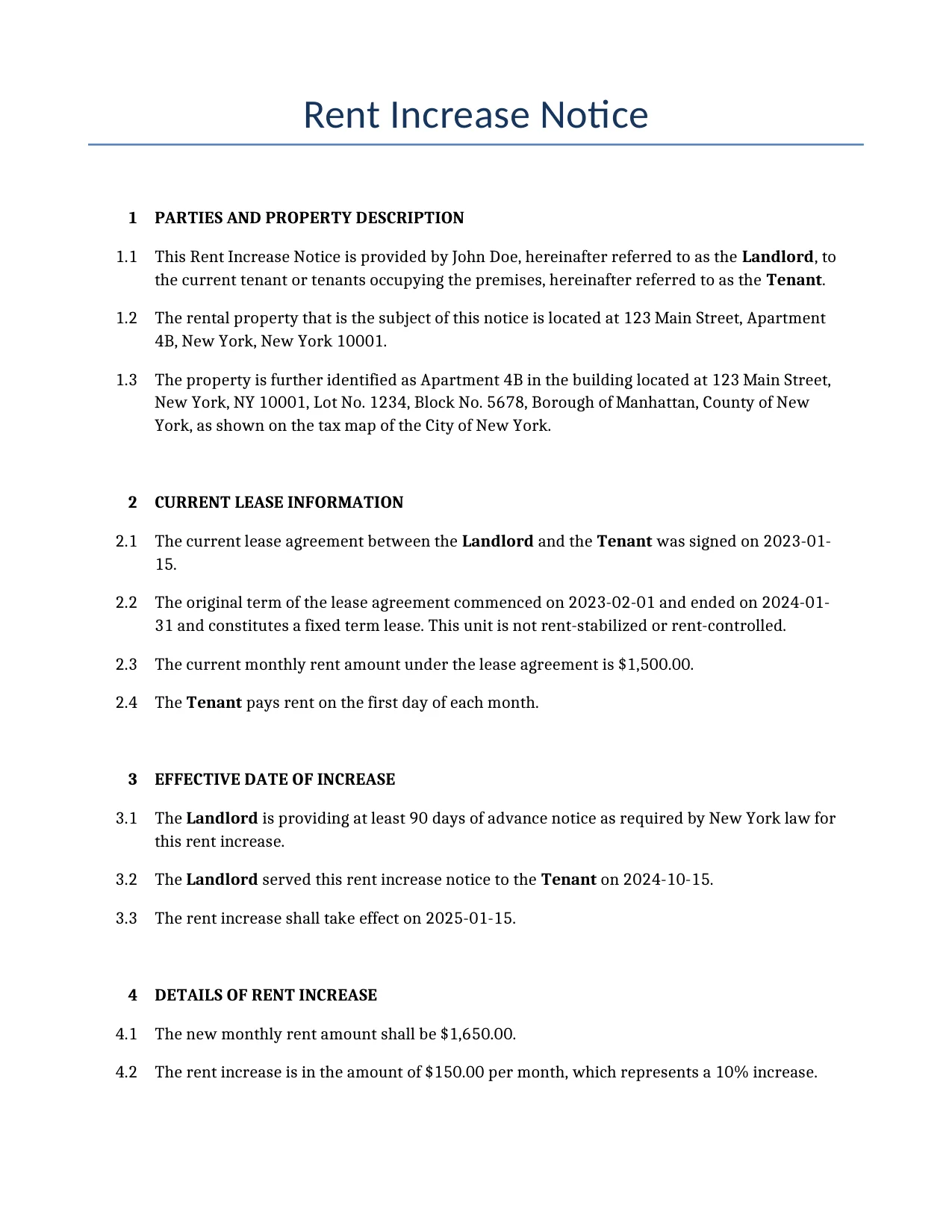 Example of a Rent Increase Notice for use in the United States</b> generated by our AI model. 