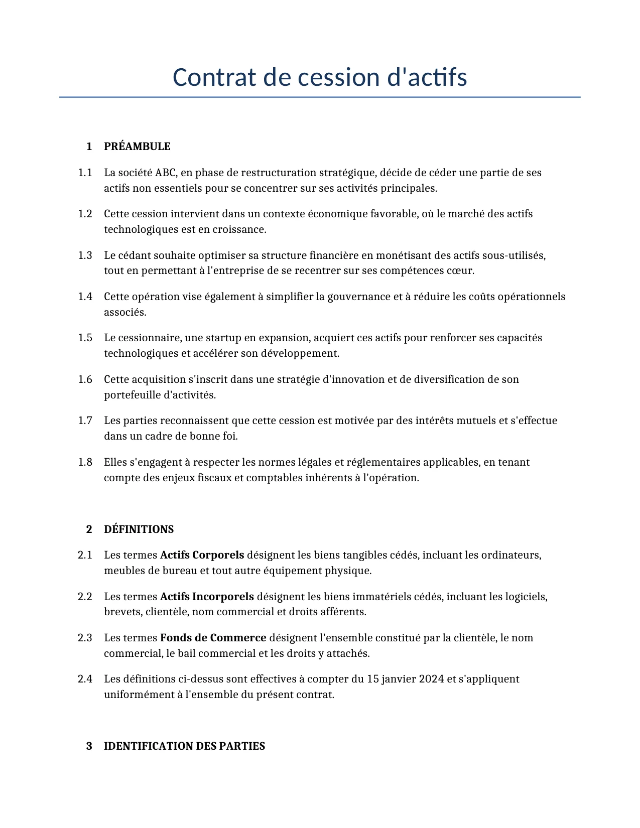 Exemple d'un Contrat de cession d'actifs à utiliser dans la France généré par notre modèle d'IA.