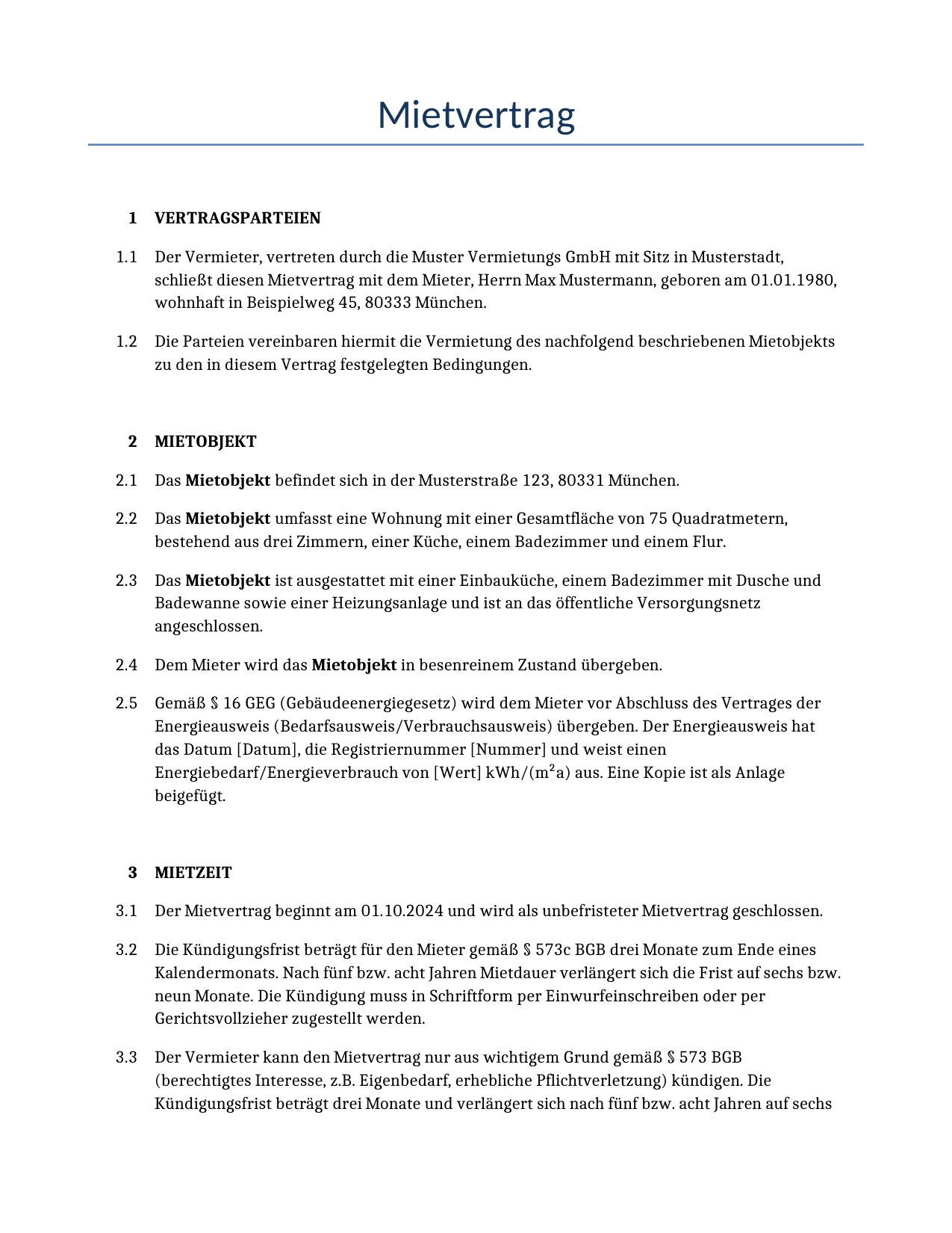 Beispiel für einen Mietvertrag zur Verwendung in Deutschland, generiert von unserem KI-Modell.