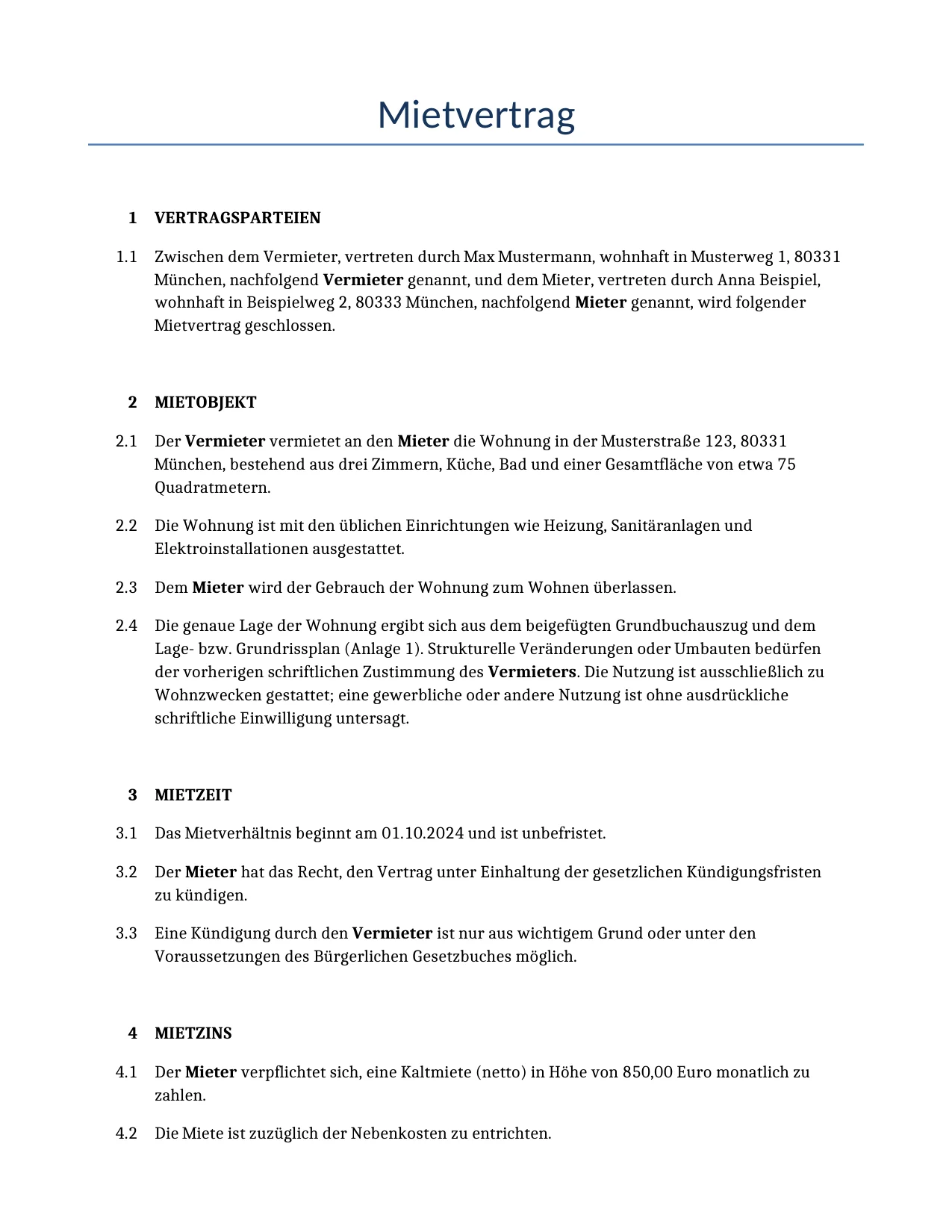 Beispiel für einen Mietvertrag zur Verwendung in Deutschland, generiert von unserem KI-Modell.
