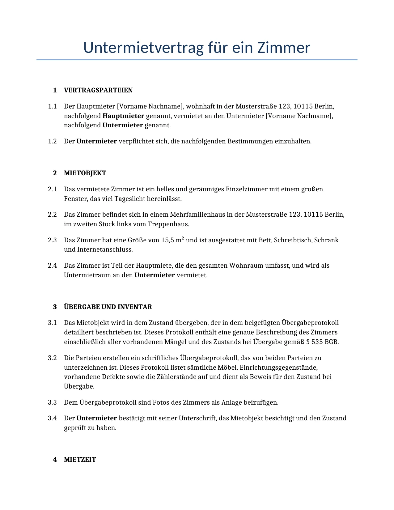 Beispiel für einen Untermietvertrag für ein Zimmer zur Verwendung in Deutschland, generiert von unserem KI-Modell.